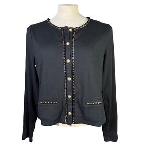 NWT J. Crew Black Ribbed Lady Jacket Gold Chain Trim Button Front Women's L